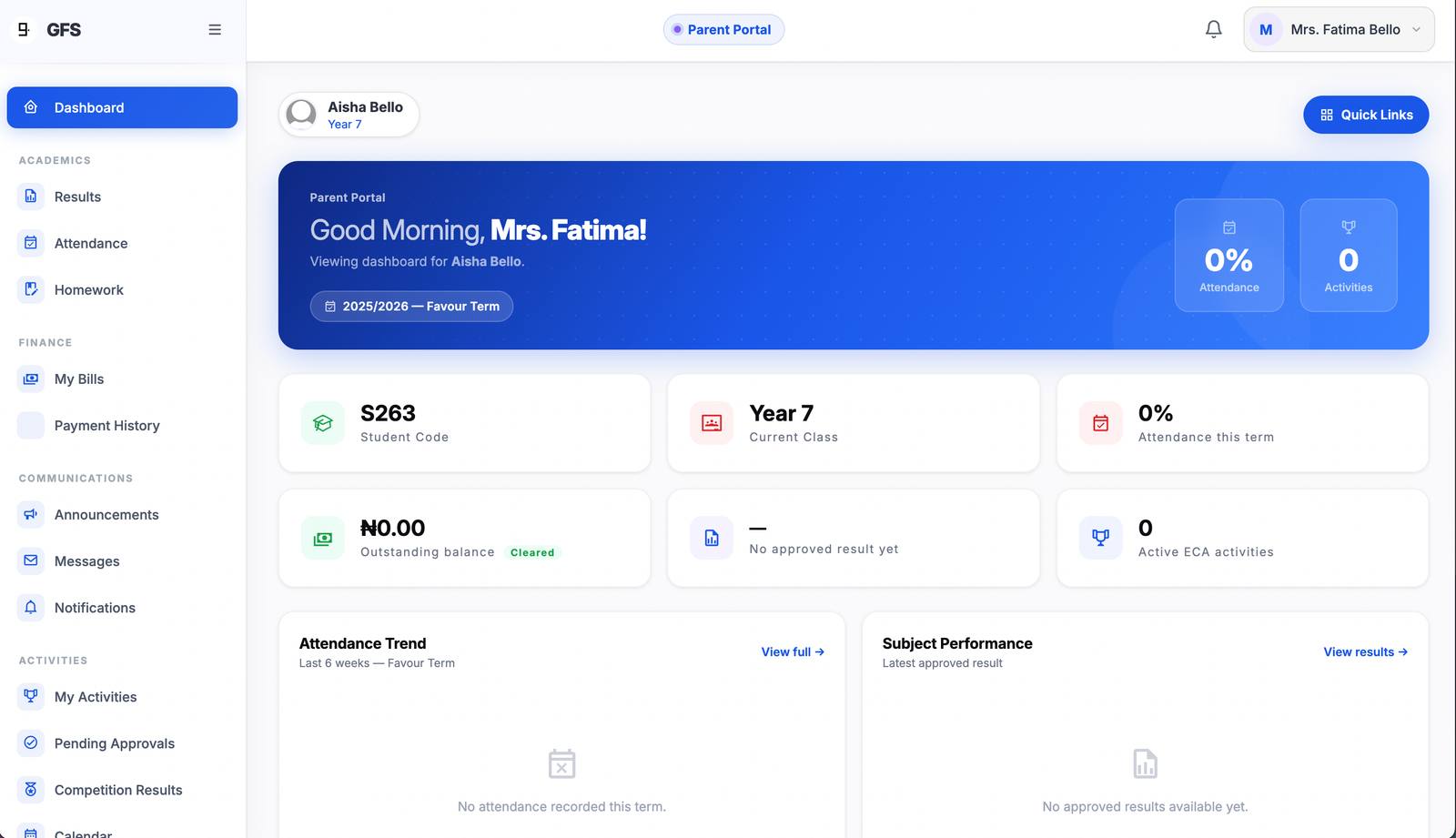 The Gagner for Schools Parent Portal dashboard, showing Aisha Bello's attendance, activities, student code, outstanding balance, and subject performance