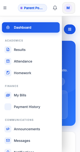 The Gagner for Schools Parent Portal on a phone, with the sidebar navigation open showing Results, Attendance, Homework, and Announcements